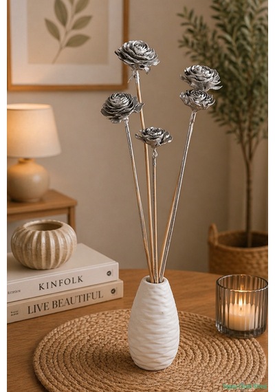 Yapay Çiçek Sitesi Kuru Çiçek Doğal Cedar Rose Gül 40 Cm 5li Gümüş Naturel