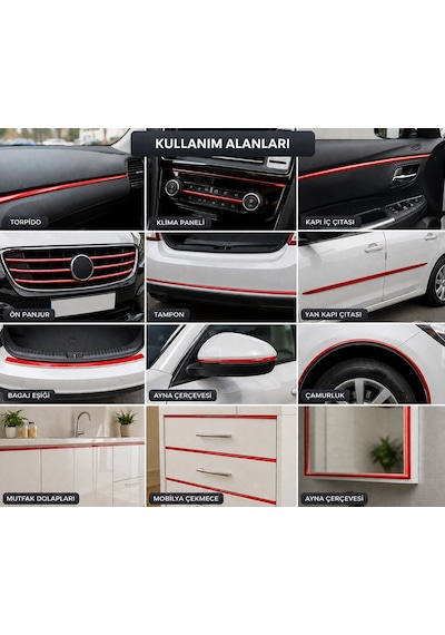2 Cm Kırmızı Krom Yapıştırma Şerit 10 Metre Esnek Kendinden Yapışkanlı Dekoratif Krom Kaplama Araç, Mobilya Ve Ev De