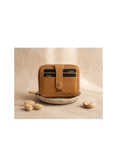 Passtell %100 Hakiki Deri Fermuarlı Spor Model Unisex Kredi Kartlık Ve Cüzdan Küçük Boy Camel Camel