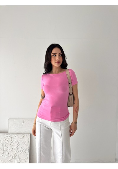 Elaxi Kadın Kısa Kollu Kayık Yaka Buzy Kumaş Tişört Pembe