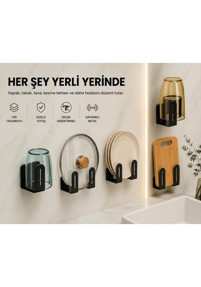 4 Lü Metal Mutfak Düzenleyici Seti Yapışkanlı & Vidalı Kapak Tutucu, Kesme Tahtası Organizeri, Tabak Ve Bardak Askılığı Siyah Duvar Organizeri &