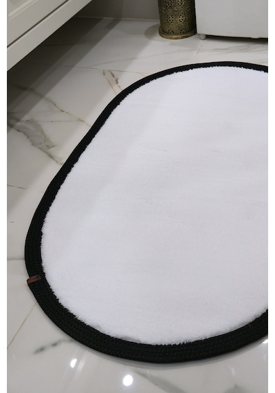 Kaymaz Taban Puffy Peluş Ultra Yumuşak 50x70 Cm Bordürlü Şık Tasarım, Suya Dayanıklı Banyo Paspası Beyaz-siyah