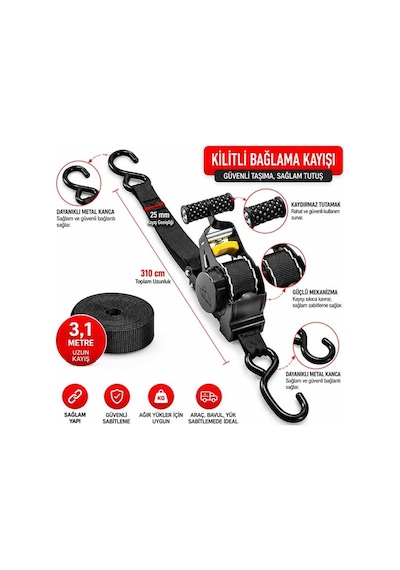 Sn-37789 3 Metre Otomatik Cırcırlı Bağlama Kayışı Spanzet Kaydırmaz Tutamaklı Dayanıklı Çelik Gövde 230kg