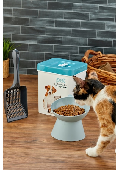 Evcil Hayvan Kedi Ve Köpek Mama Saklama Kabı & Mama Kabı Seti Kürek Hediyeli 3'lü Set - Mavi