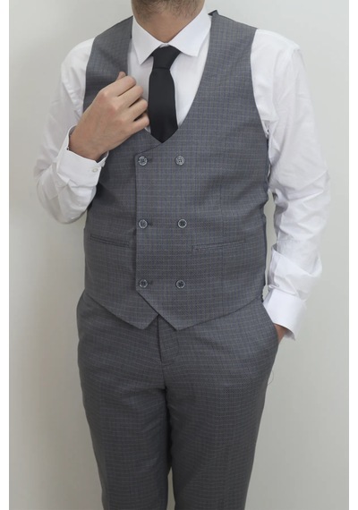 Duayen Dmctekstil Erkek Gri Desenli İtalyan Kesim Dar Kalıp Tek Düğme Yelekli Takım Elbise