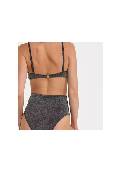 Argento Kadın Siyah Simli Çıkarılabilir Kaplı Yüksek Bel Straplez Bikini Takımı Siyah