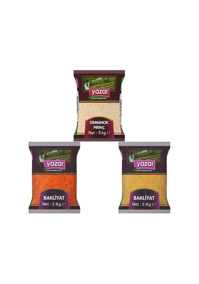 Yazar Bakliyat Osmancık Pirinç + Kırmızı Mercimek + Pilavlık Bulgur 3 x 5 KG