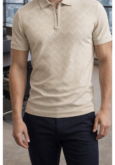 Erkek Slim Fit Fermuarlı Polo Yaka Triko Tişört Bej