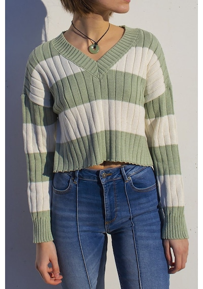 Madmext Yeşil V Yaka Çizgili Crop Kadın Kazak Mg1441 - Yeşil