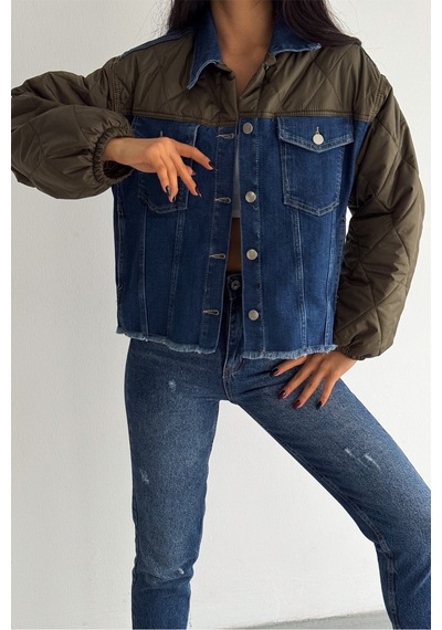 Femelle Haki Kapitone Garnili - Denim Kot Mont