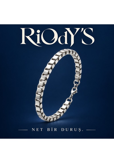 Riody's Kastor Erkek Bileklik Gümüş Renk Çelik Kare Arnavut Zincir Kancalı Kilit Beyaz - Gümüş