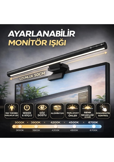 Coofbe Alüminyum 50cm Ayarlanabilir Led Monitör Işığı Lambası İ-wok Kademeli Parlaklık Ayarlı Pc Ekran Işığı
