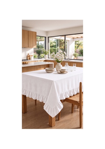 Fırfırlı Ranforce Kumaş Masa Örtüsü Beyaz - 719735433 Beyaz