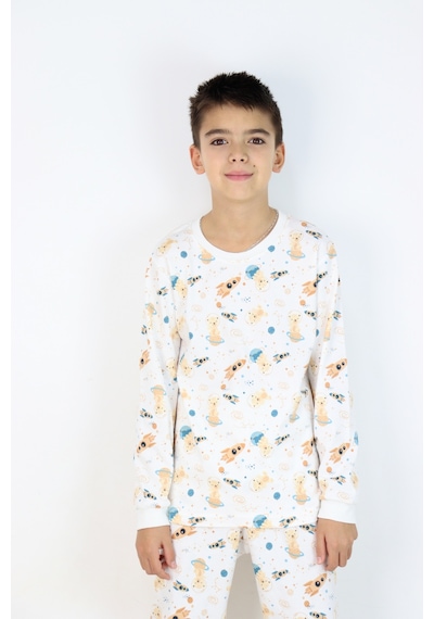 Harika Kids Erkek Çocuk Baskılı İnterlok Kumaş Uzun Kollu Pijama Takımı Beyaz - Gri