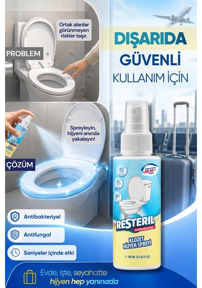 Resteril Klozet Kapağı Temizleyici 100ml Çanta Boy Hızlı Etkili Dezenfektan Sprey Alkolsüz Hipokloröz Asit Tuvalet Koku Giderici 100 ML