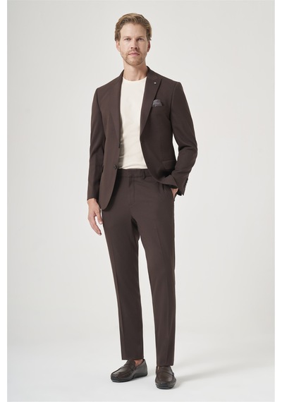 İmza Kahverengi Kırlangıç Yaka 6 Drop Slim Fit Tam Astar Esnek Takım Elbise 1001260148