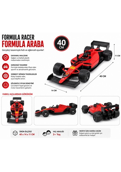 40 Cm Formula Racer Oyuncak Araba Kırmızı Yarış Arabası Kırmızı - Siyah