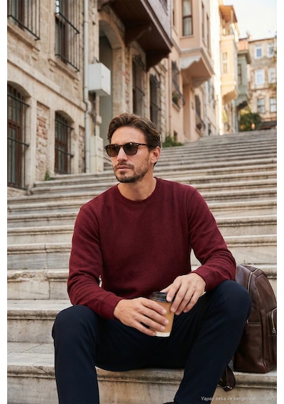 Buratti Slim Fit Bisiklet Yaka Pamuklu Erkek Kazak 456201 Mürdüm