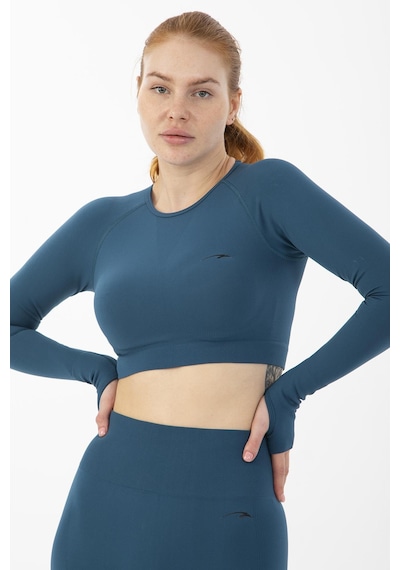 Maraton Active Slimfit Kadın Bisiklet Yaka Uzun Kol Training Mavi Crop Top 816005 Mavi