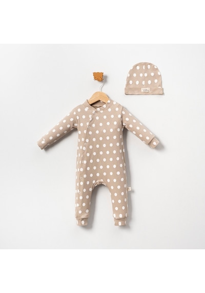 Ürünya Unisex Bebek Çocuk Pamuklu Uzun Kollu Puanlı Boydan Çıtçıtlı Tulum Kahverengi
