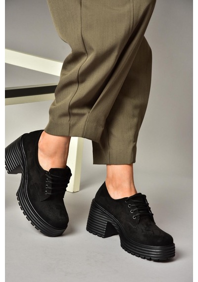 Fox Shoes R996054002 Siyah Süet Kalın Topuklu Kadın Ayakkabı Siyah