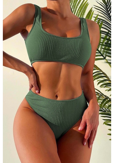 Angelsin Özel Fitilli Kumaş Yüksek Bel Bikini Altı Yeşil