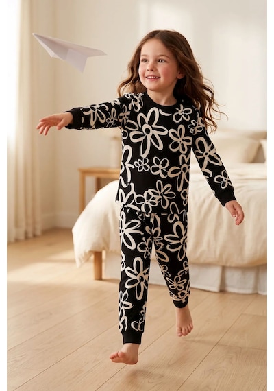 Zuzunga Kız Çocuk Siyah Beyaz Büyük Papatya Desenli Uzun Kollu Pijama Takımı