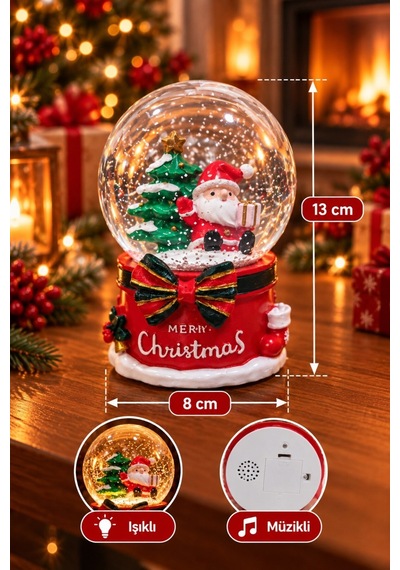 2027 Yılbaşı Yeni Yıl Hediyesi Işıklı Müzikli Merry Christmas Temalı Noel Baba Kar Küresi 13x8 Cm