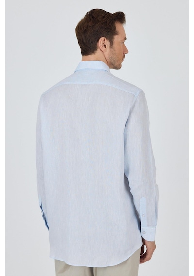 İmza Uzun Kol Düz Keten Düğmeli Yaka Cepsiz Casual Comfort Fit Gömlek 1004250114 Mavi
