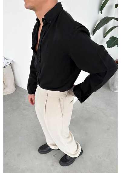 Siyah Nakışlı Oversize Modal Gömlek Siyah