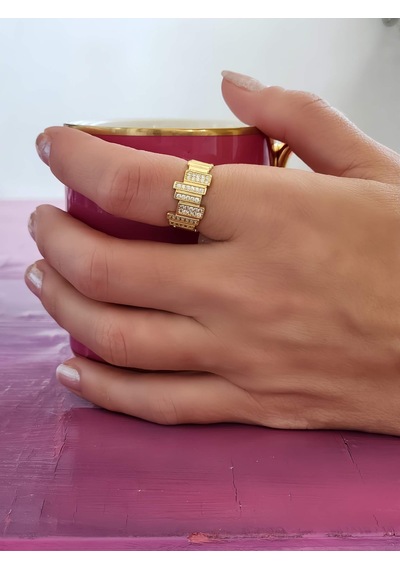 Eva Takı Store Zikzak Geometrik Model Sedefli Zirkon Taşlı Ayarlanabilir Gold Renk Çelik Yüzük Gold