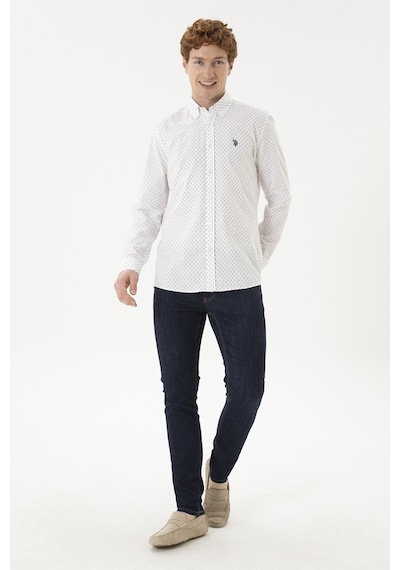 U.S. Polo Assn. Erkek Bej Baskılı Beyaz Gömlek 50288677-VR085 U.S. Polo Assn. Erkek Bej Baskılı Beyaz Gömlek 50288677-VR085