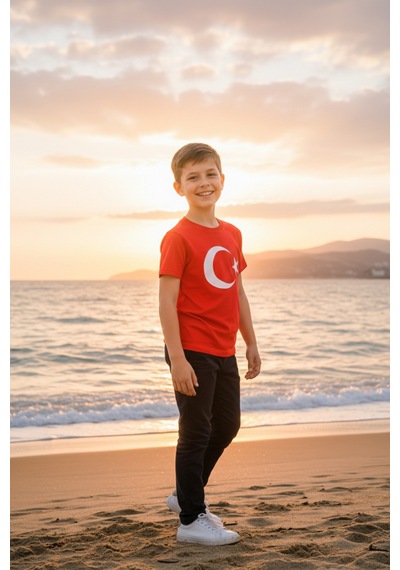 Erkek Çocuk Unisex Tişört Kırmızı Ay Yıldız Baskılı Tişört Kısa Kollu Rahat Günlük Şık Tişört