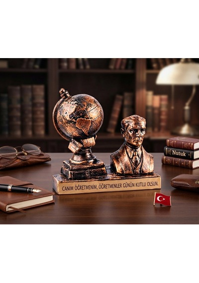 Atatürk Büstü Ve Küre Dekoratif Masaüstü Seti - Canım Öğretmenim Hediyelik Biblo