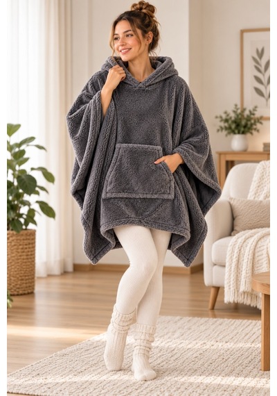 Wellsoft Panço Kapüşonlu Giyilebilir Battaniye Oversize Sıcak Tutan Yumuşak Tv Battaniyesi Antrasit