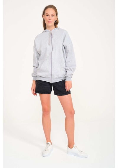 Harmandar Baskısız Unisex Gri Cepli Kapüşonlu Fermuarlı Sweatshirt Hırka Gri