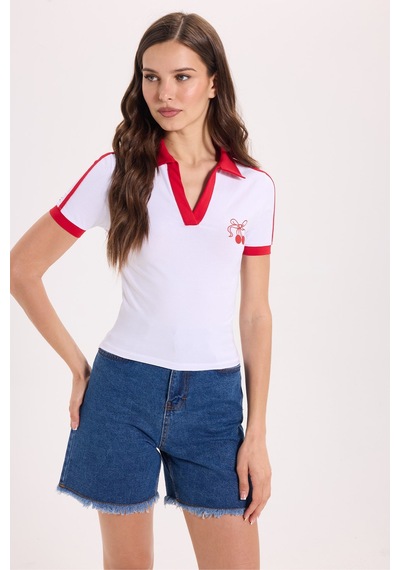 Tudors Kadın Slim Fit Dar Kesim Kısa Kollu Baskılı Omzu Şeritli V Yaka Beyaz Tişört Body-52067