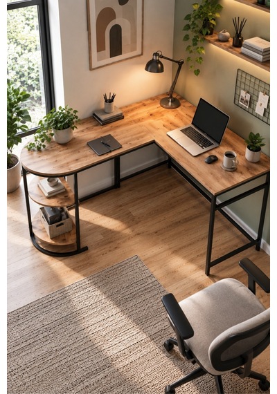 Sulorahome Tipi Köşe Çalışma Masası 2 Raflı Atlantik Çam