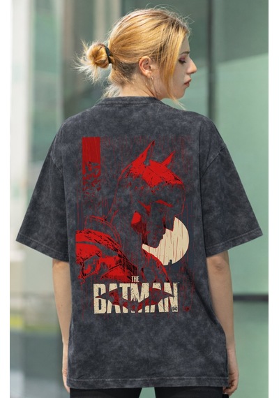 Batman Süper Kahraman Sırt Baskılı Unisex Oversize Eskitme Yıkama Siyah
