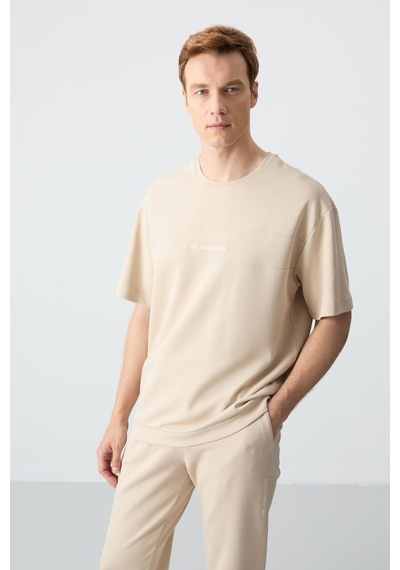 Tommy Life Bej Pamuklu Kalın Yumuşak Dokulu Oversize Fit Basic Erkek Eşofman Takım - 85261 Bej