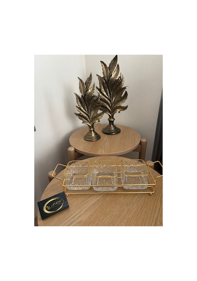 Ars Paşabahçe Timeless Yaldızlı Kare Kase Metal Gold Standlı 3,lü Çerezlik,şekerlik,sunumluk,tabak