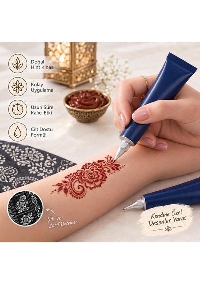 Hint Kınası Geçici Dövme Seti, 25 Gr Tüp, 12 Desenli Şablon Kırmızı