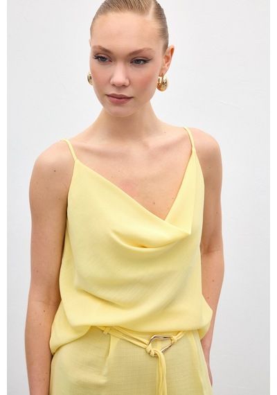 Sateen Degaje Yaka Dökümlü Bluz - Sarı-136693 Sarı