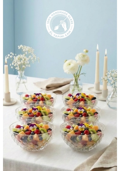 Selen Concept Küme Model Küçük Boy El Yapımı Cam Çorba Kasesi ve Salata Sunumluk 6’lı Set