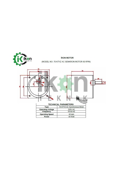İkon Teknik  AC SENKRON MOTOR 70 KTYZ 40 Watt 60 RPM 220 Volt VİYOL MOTORU
