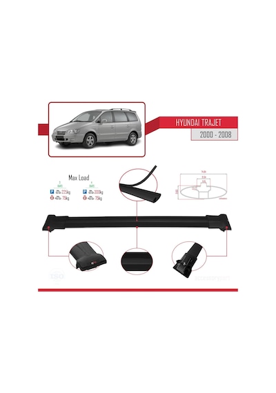 Hyundai Trajet 2000-2008 Arası İle Uyumlu Fly Model Ara Atkı Tavan Barı Siyah 3 Adet Bar