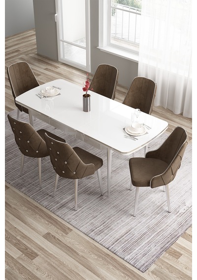 Canisa Tia Serisi 80x132 Açılabilir Mdf Mutfak Masası Takımı Beyaz Masa Krom Detay 6 Kahverengi Sandalye Masa Beyaz Sandalye Kahve Canisa Tia Serisi 80x132 Açılabilir Mdf Mutfak Masası Takımı Beyaz Masa Krom Detay 6 Kahverengi Sandalye Masa Beyaz Sandalye Kahve