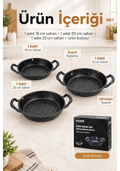 Tr 3'lü Granit Kaplama Döküm Sahan Seti 18, 20 Ve 22 Cm Çift Kulplu Sahan Takımı Diğer