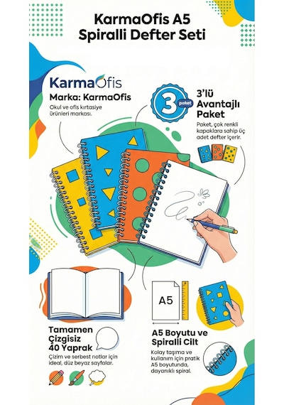 A5 Spiralli Shapes Defter 40 Yaprak 3'lü Tamamı Çizgisiz