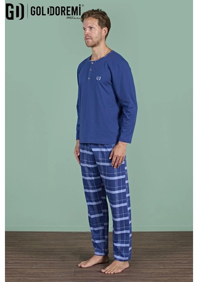 Gd Goldoremi Erkek Düğmeli Yaka Ekoseli Uzun Kollu Pijama Takım Mavi